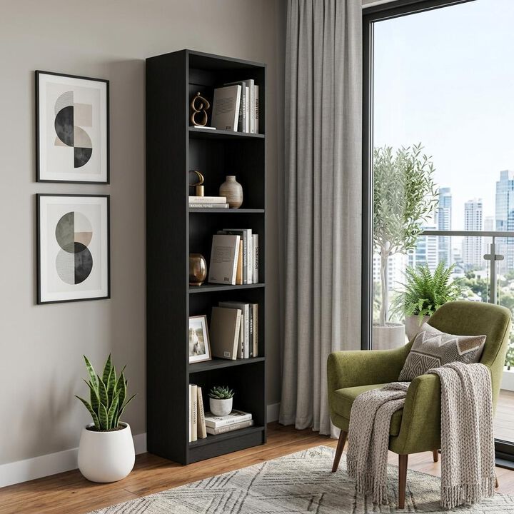 HomeRoots 70" Black Wood Five Tier Bookcase