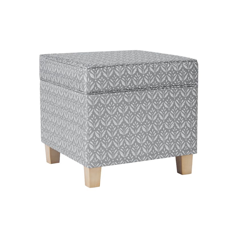 Pyp Square Storage Ottoman, 18 Inch Gray Print Fabric, Brown Wood