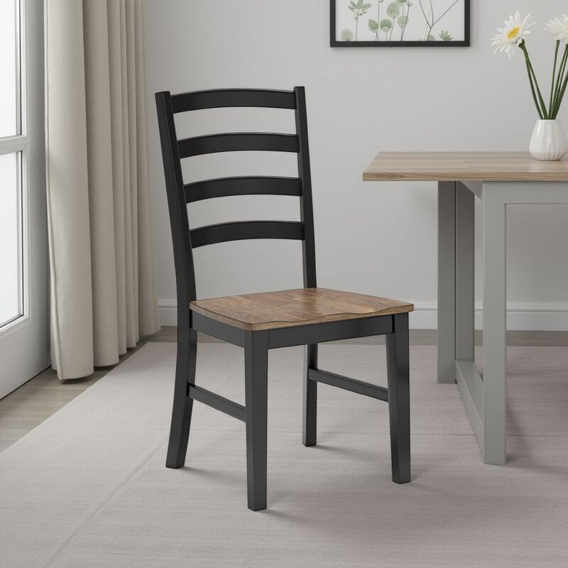 Fleur Dining Side Chair Set of 2, Black Ladderback, Brown Solid Wood - Benzara