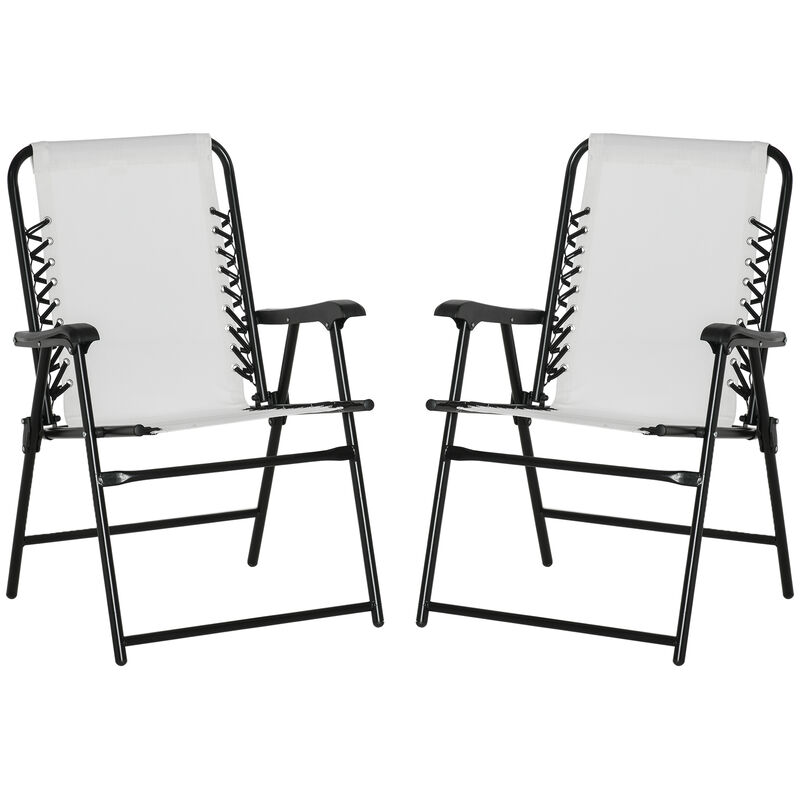 Outsunny Set of 2 Patio Folding Chairs, Outdoor Bungee Sling Chairs w/ Armrests, Portable Lawn Chairs for Camping, Garden, Pool, Beach, Backyard, Cream White