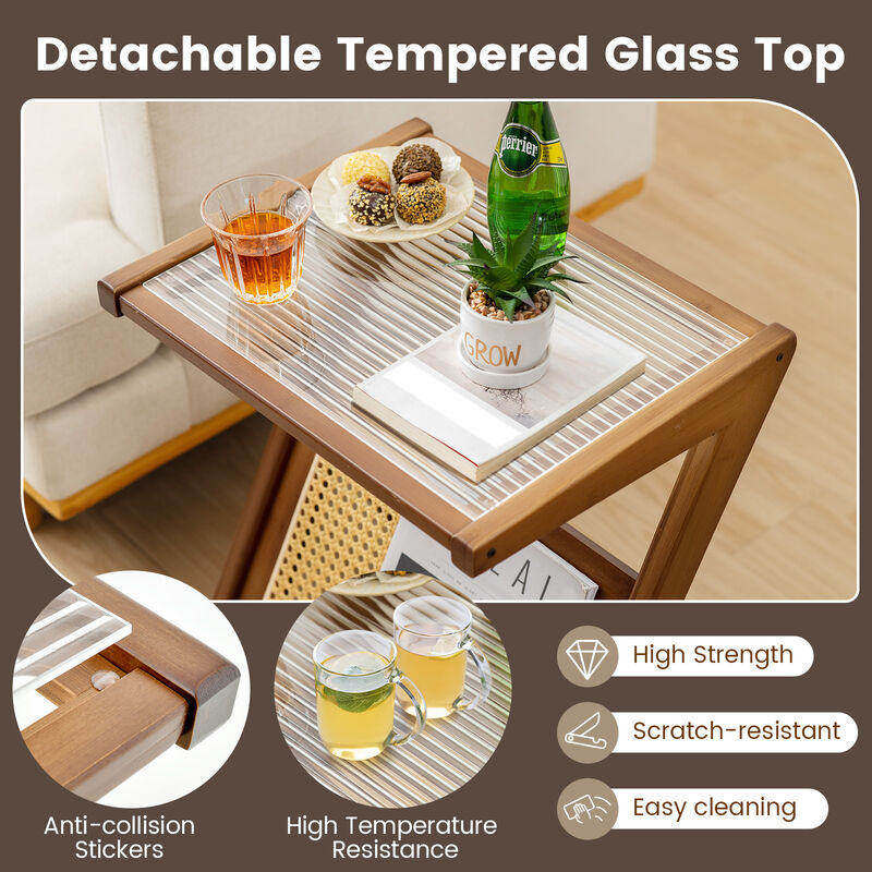 Boho End Table with Magazine Rack and Tempered Glass Top