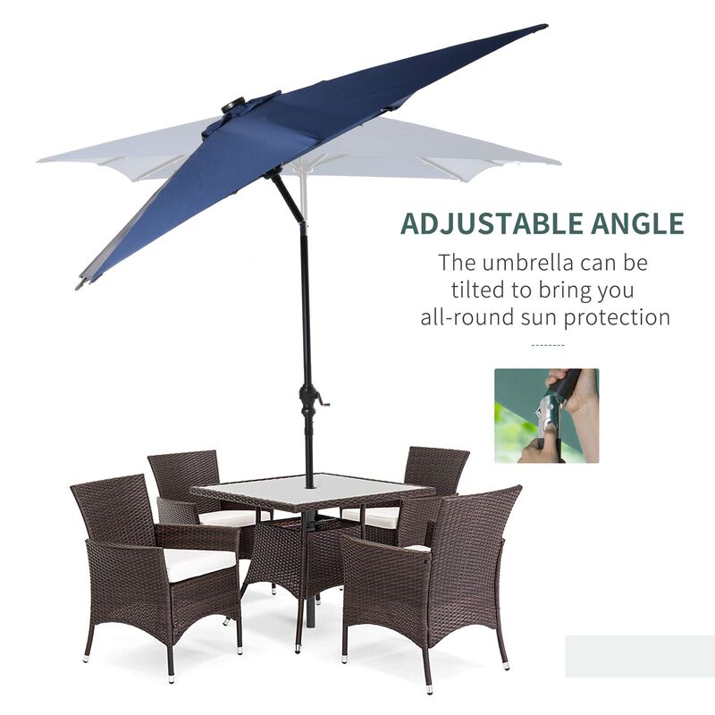 9' x 7' Patio Umbrella Outdoor Table Market Umbrella with Crank, Solar LED Lights, 45Â° Tilt, Push-Button Operation, for Deck, Pool, Blue