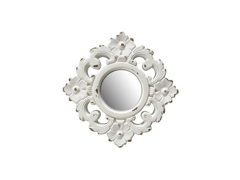 11.8" White Floral Wood Wall Mirror &ndash; Handcarved Rustic Accent for Home