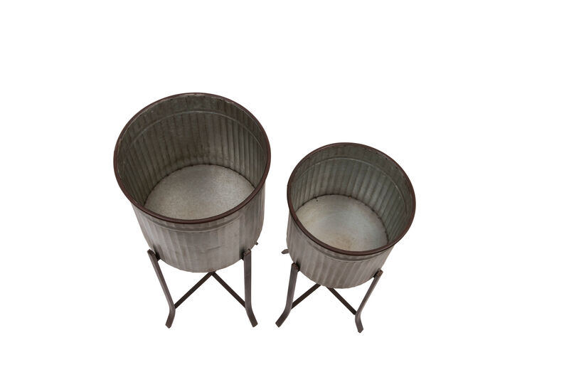 2‑Piece Round Corrugated Metal Planters on Stands, Silver and Black image number 3