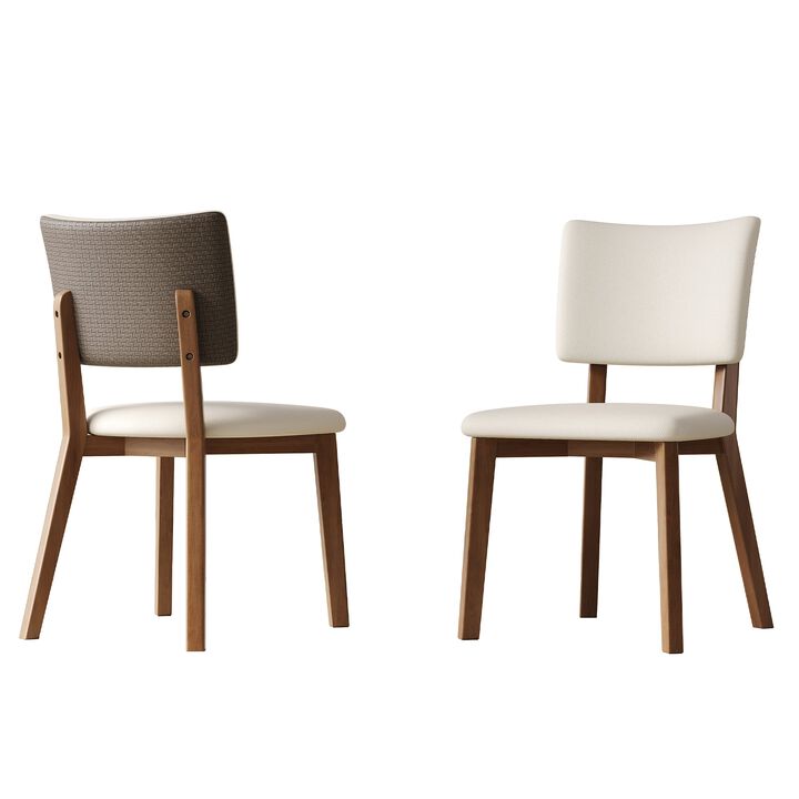 Mid Century Modern Dining Chair Set of 2 White PU Upholstered Chairs with Deep Walnut Wood Legs for Kitchen and Dining Room