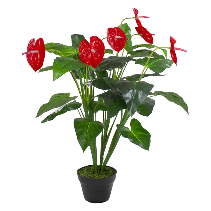 41" Red and Black Potted Tropical Artificial Anthurium Plant In a Black Pot