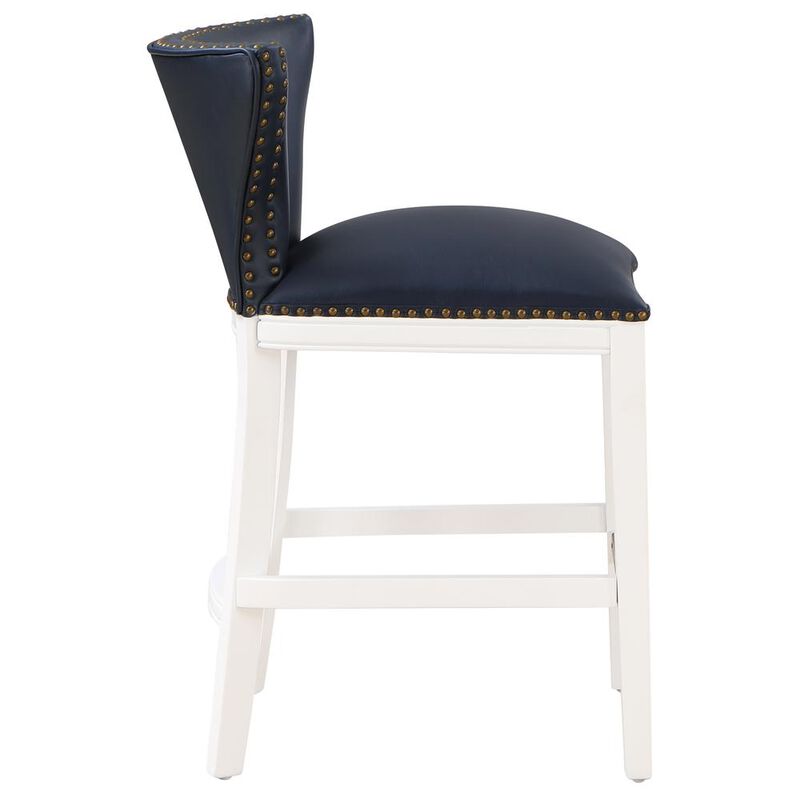 Comfort Pointe Marco Midnight Blue Faux Leather and White Wood Counter Stool