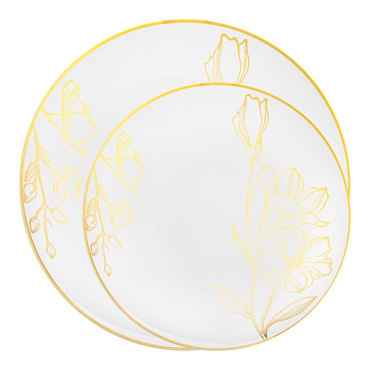 White with Gold Antique Floral Round Plastic Dinnerware Value Set (40 Sets)