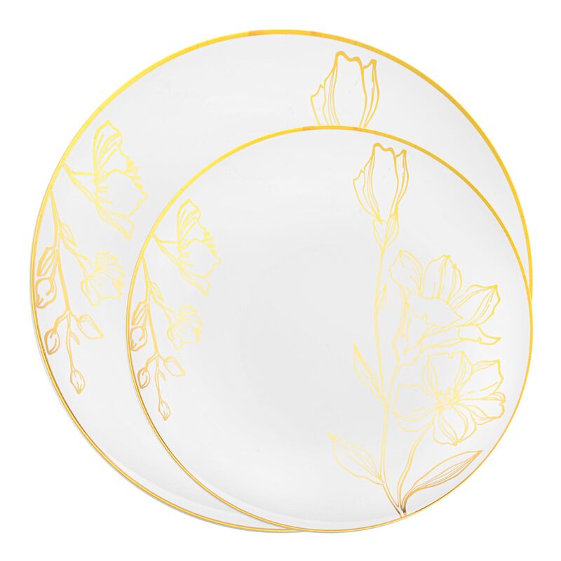 White with Gold Antique Floral Round Plastic Dinnerware Value Set (40 Sets) image number 0