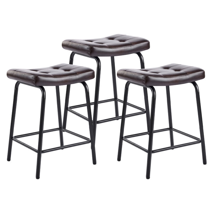 HomeRoots Set of Three 23" Dark Brown and Black Faux Leather and Metal Counter Height Bar Chairs
