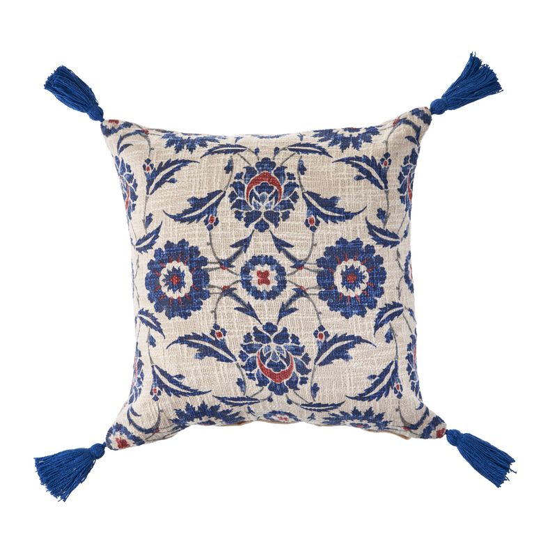 18" Blue and Red Floral Pattern Square Throw Pillow image number 1