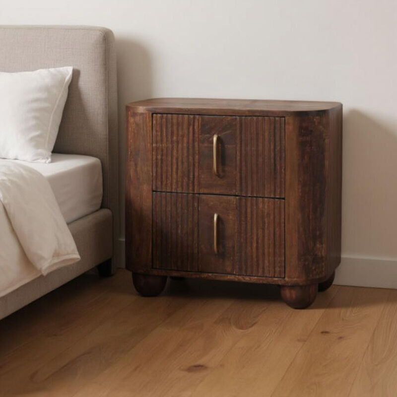 HomeRoots 21" Brown Solid Wood Distressed Two Drawer Nightstand image number 1