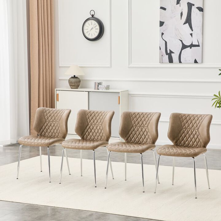 Set of 4 Leather Dining Chairs Square High Back Dining Chairs with Chevron Tufting Retro Dining Chairs with Metal Legs and Back Handle