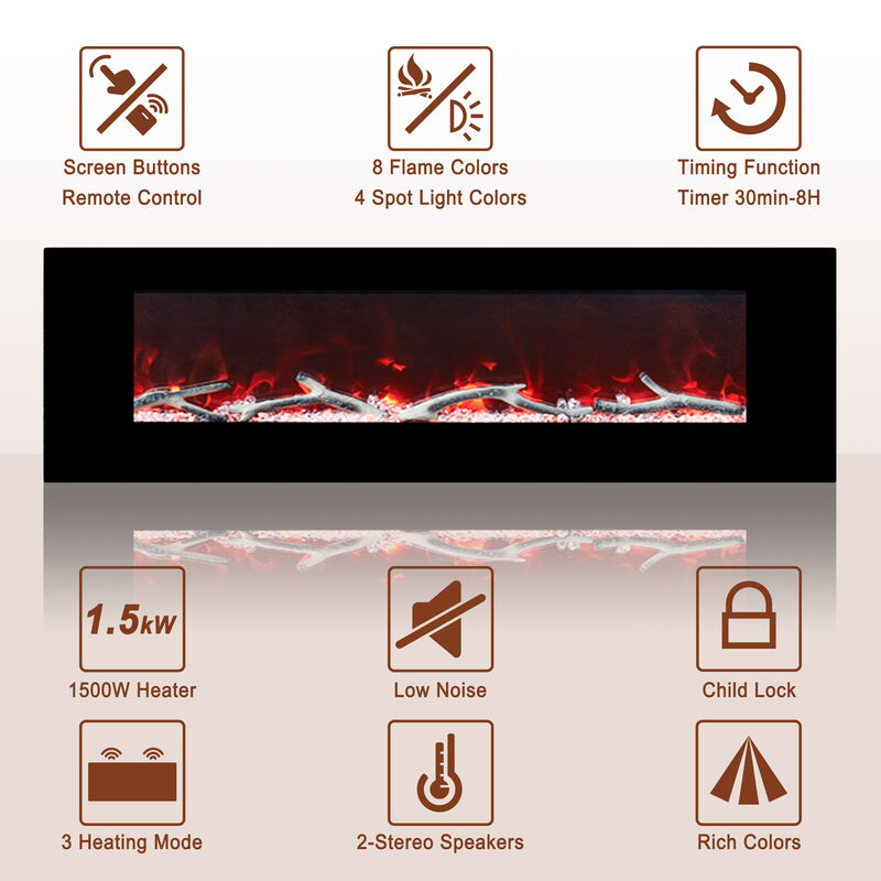 MONDAWE 60" Wall-Mounted Electric Fireplace 5120 BTU Heater with Bluetooth Speaker & Remote Control Adjustable Flame Color & Temperature Setting