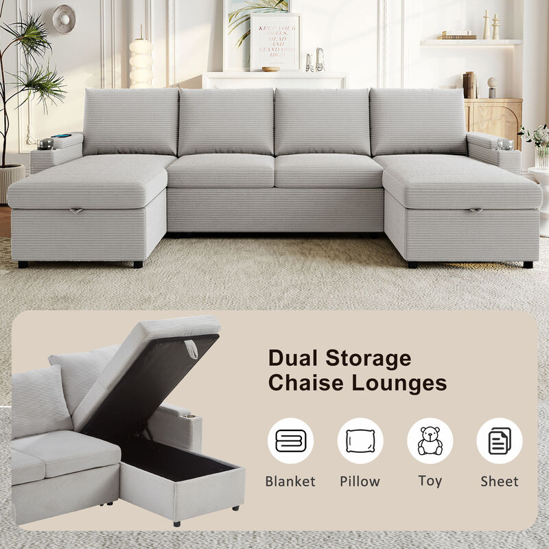 Merax Convertible Sofa Bed U-Shaped Sectional Sofa Modern Upholstered Sofa with Storage Chaise Lounges