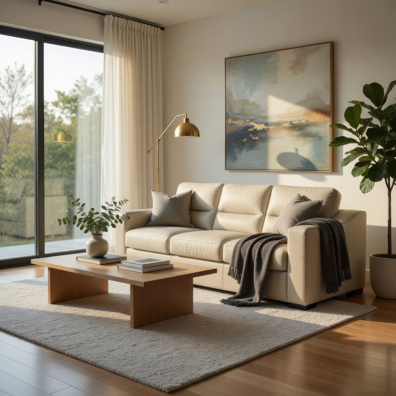 Rove Sofa, 93 Inch, Plush Cushioned Cream Real and Faux Leather Seats image number 6