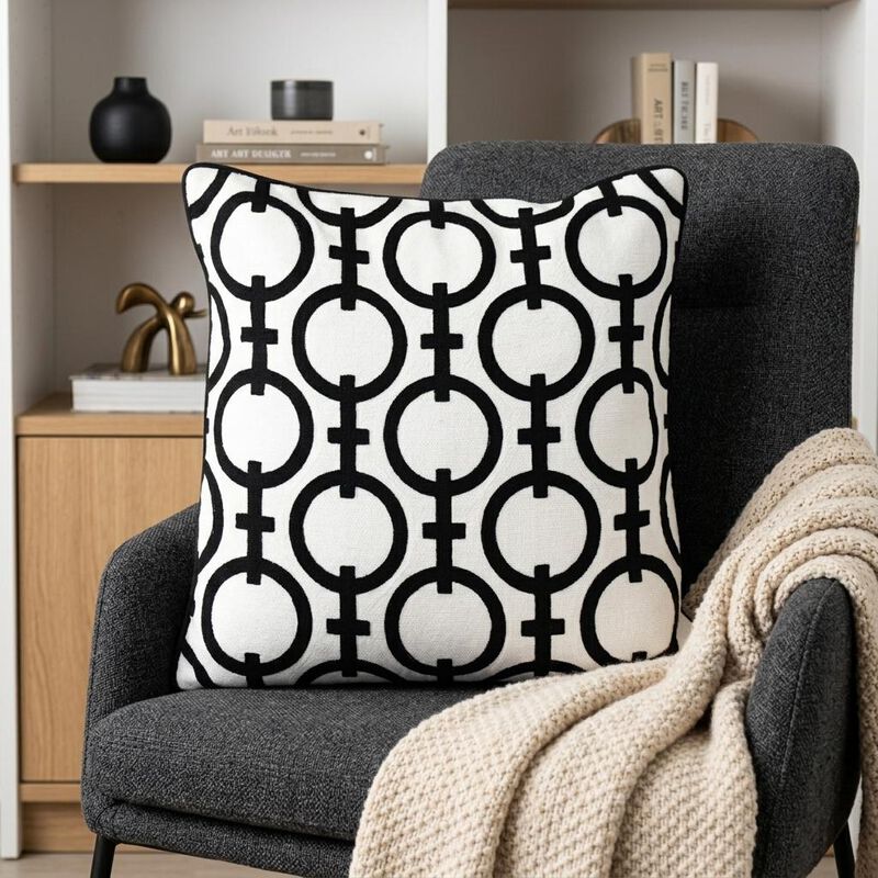 HomeRoots 20" Black and White Geometric Cotton Throw Pillow image number 1
