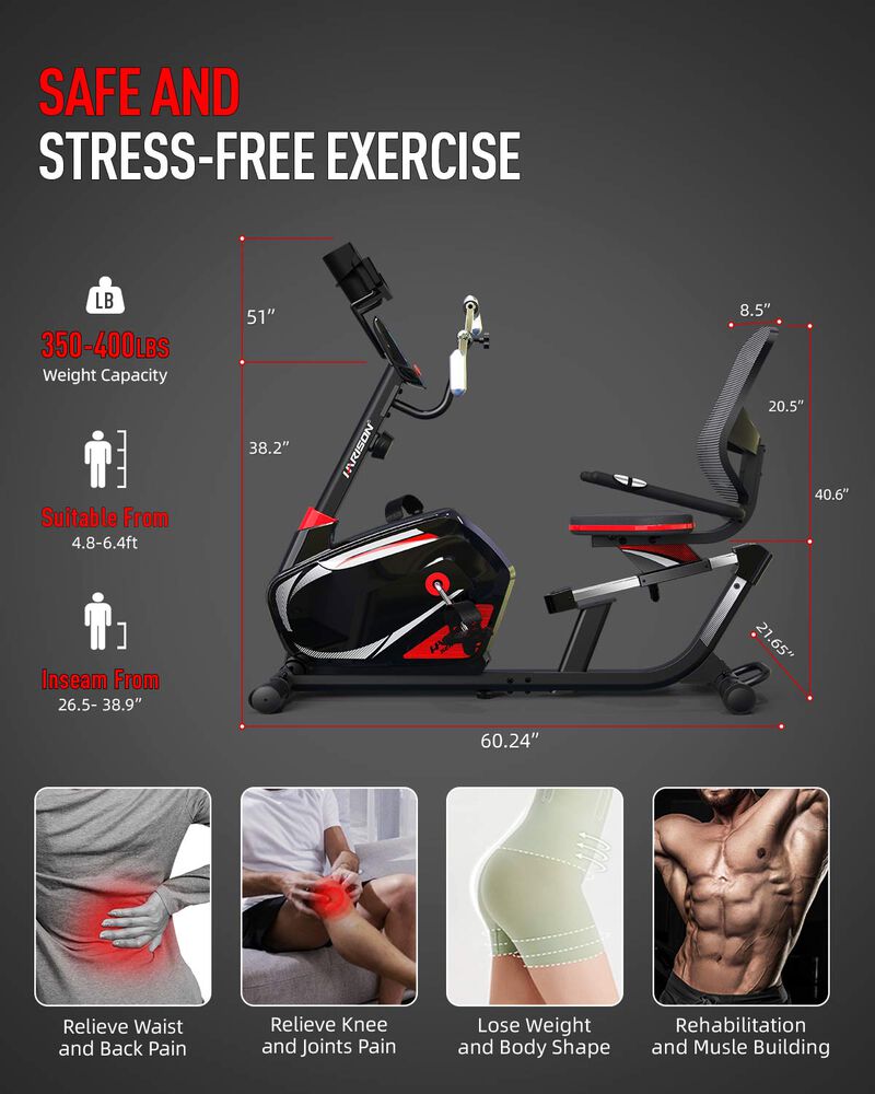 HARISON Magnetic Exercise Bike with Arm Exerciser, 400LB Recumbent Bike, Bluetooth App, LCD & Tablet Holder (HR-B8ARE) image number 5