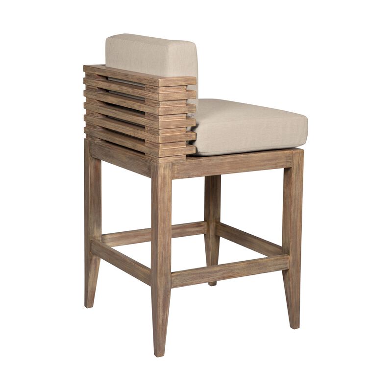 Hida 30 Inch Outdoor Patio Barstool Chair, Taupe, Olefin Cushions, Wood - Benzara