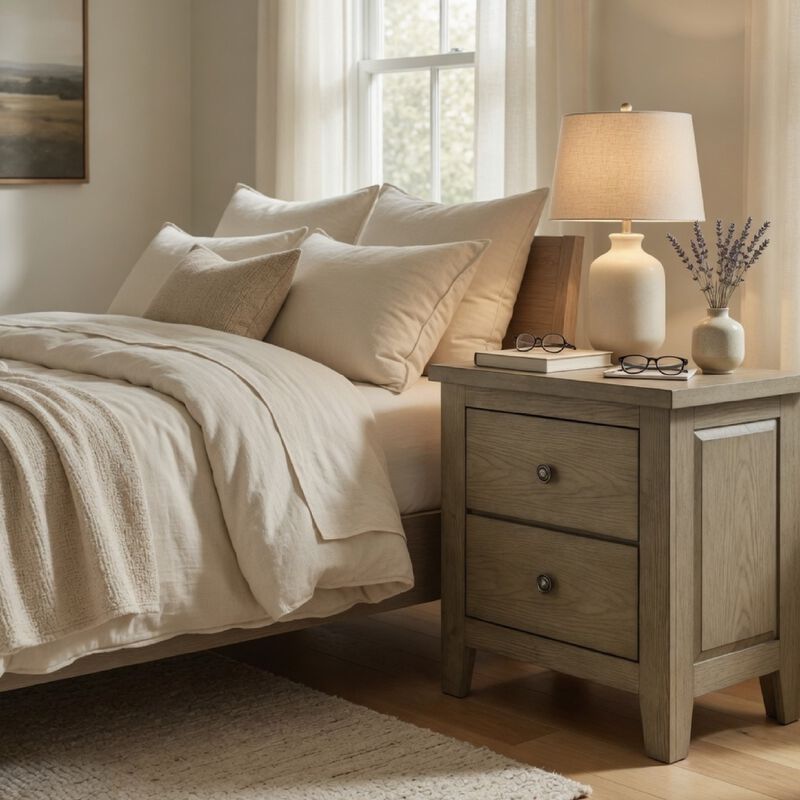 Hazel Nightstand, 2 Drawers, Antique Nickel Knobs, Oak Brown Wood 25 Inch image number 8