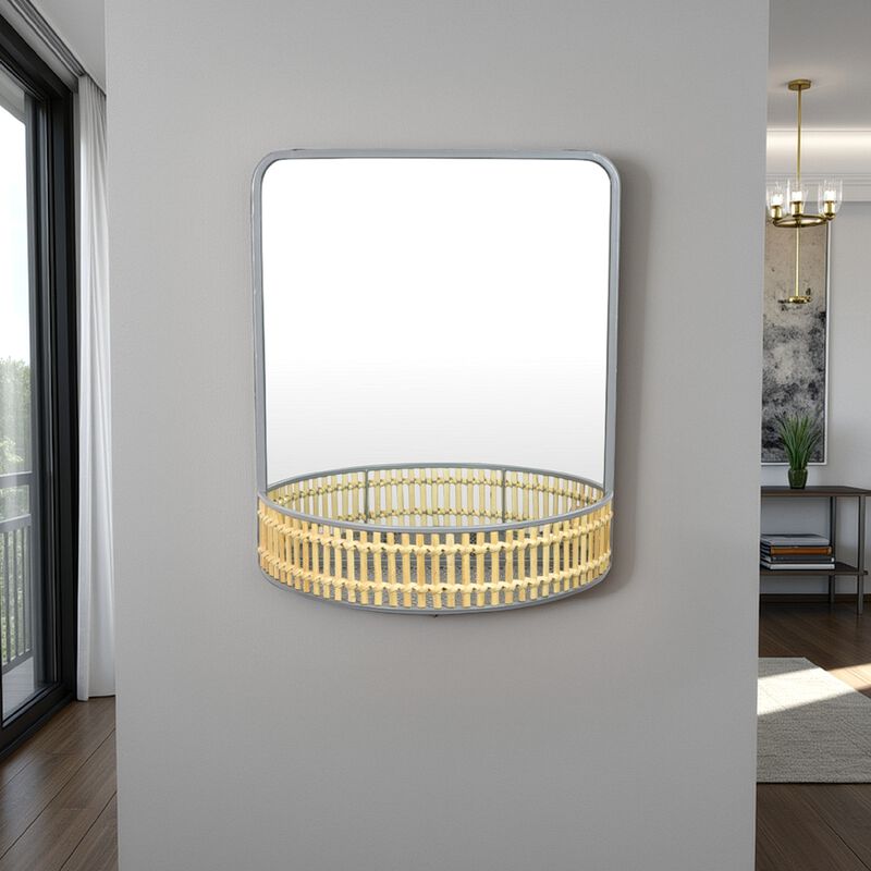 Elpis Wall Mirror Decor with Woven Shelf,  20 Inch Tall, Gray Metal - Benzara