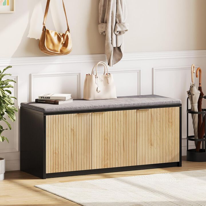 2-Tier Shoe Storage Bench with 3 Doors & Adjustable Shelf, Removable Padded Seat Cushion, 41" Entryway Bench, Shoe Cabinet for Entryway, Living Room