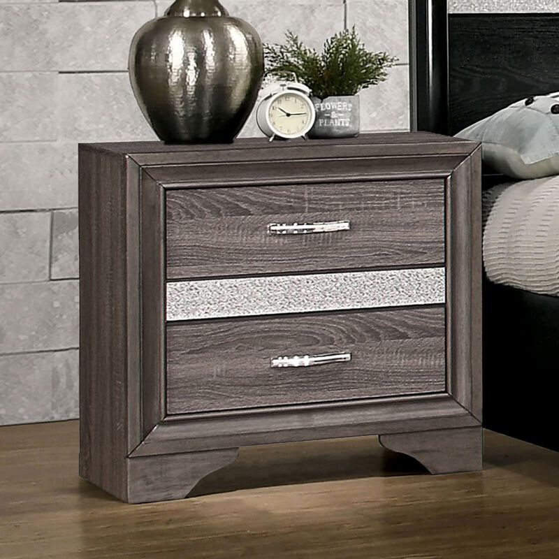 2 Drawer Wooden Nightstand with 1 Hidden Jewelry Drawers, Gray and Silver - Benzara