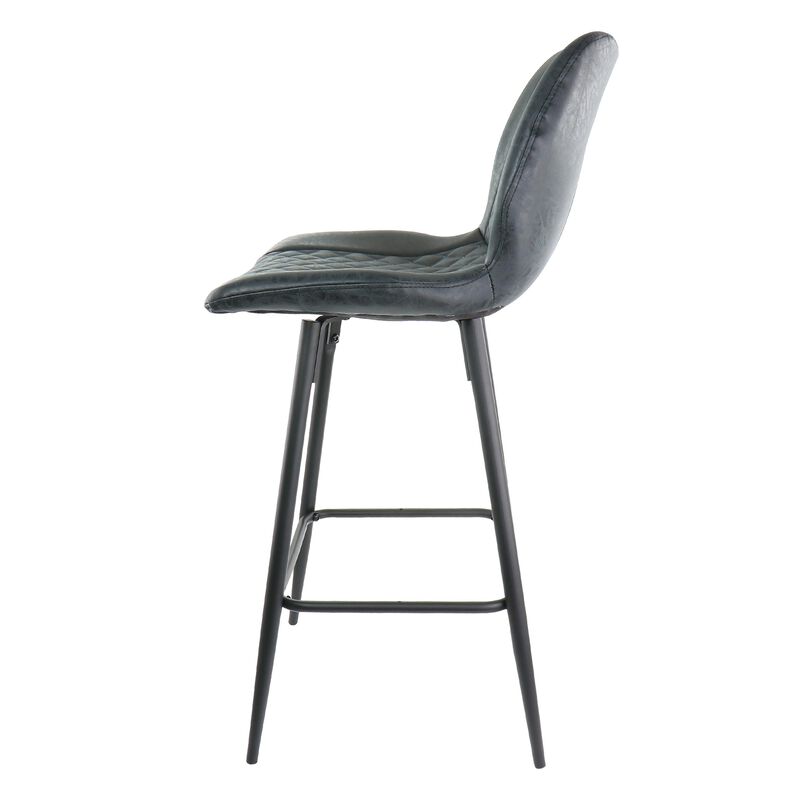 Elama 2 Piece Diamond Stitched Faux Leather Bar Chair in Black with Metal Legs