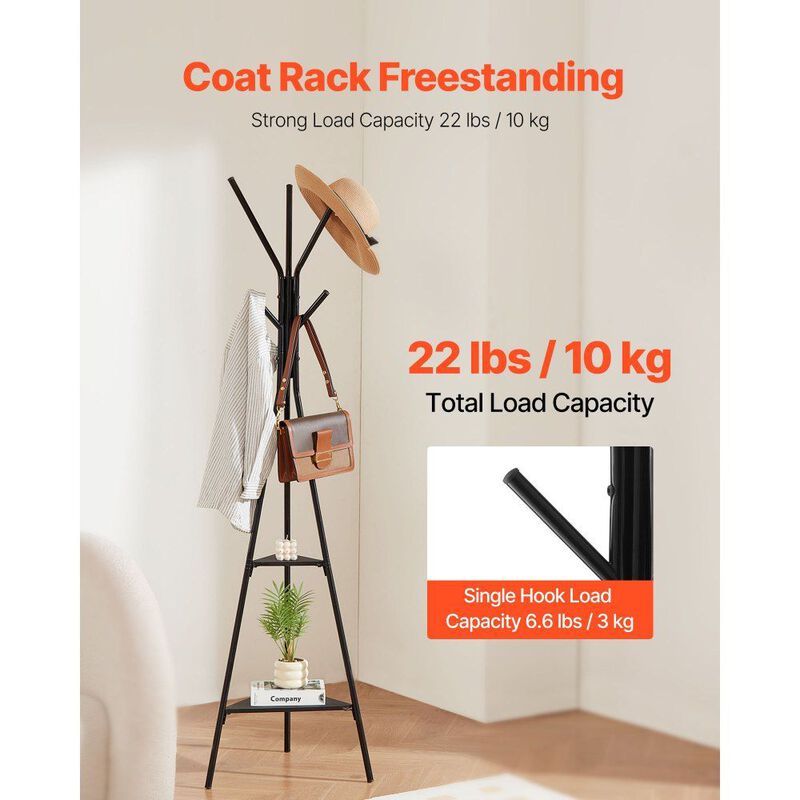 Freestanding Coat Rack with 2 Shelves and 6 Hooks, Entryway Coat Stand image number 3