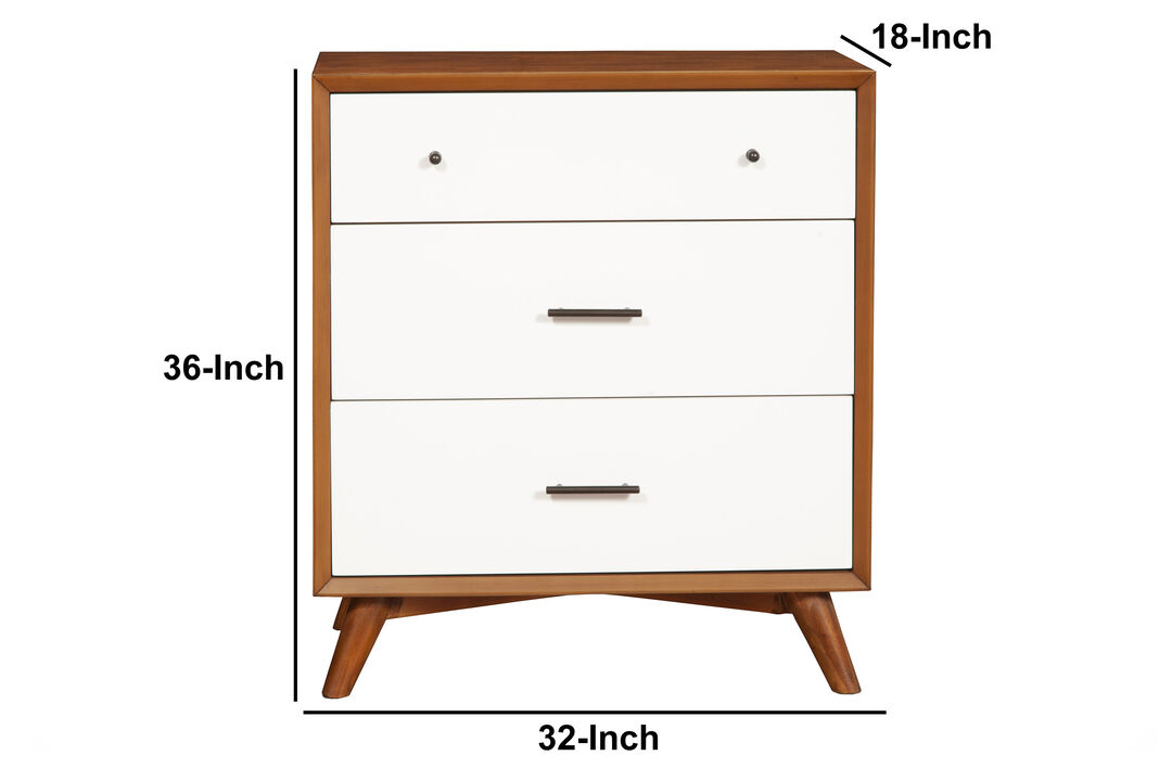 Modern Style Wooden Chest With Three Drawers and Flared Legs, Brown and White-Benzara