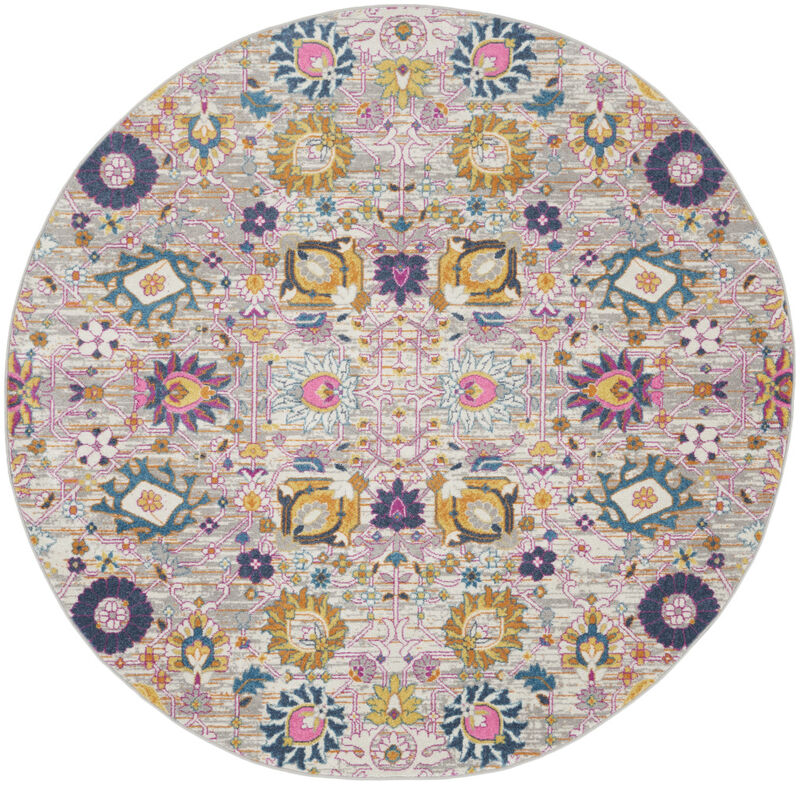8 gray Round Floral Power Loom Area Rug