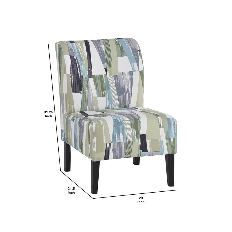 Wooden Armless Accent Chair with Patterned Fabric Upholstery, Multicolor-Benzara