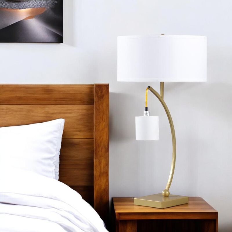 Hivvago 29" Gold Metal Two Light Arched Table Lamp With White Drum Shade