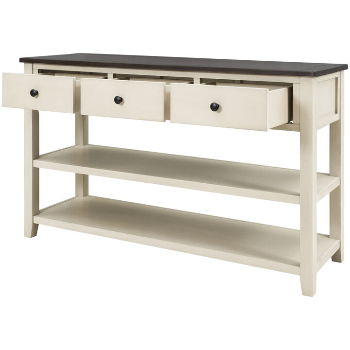 Retro Design Console Table with Two Open Shelves, Pine Solid Wood Frame and Legs for Living Room