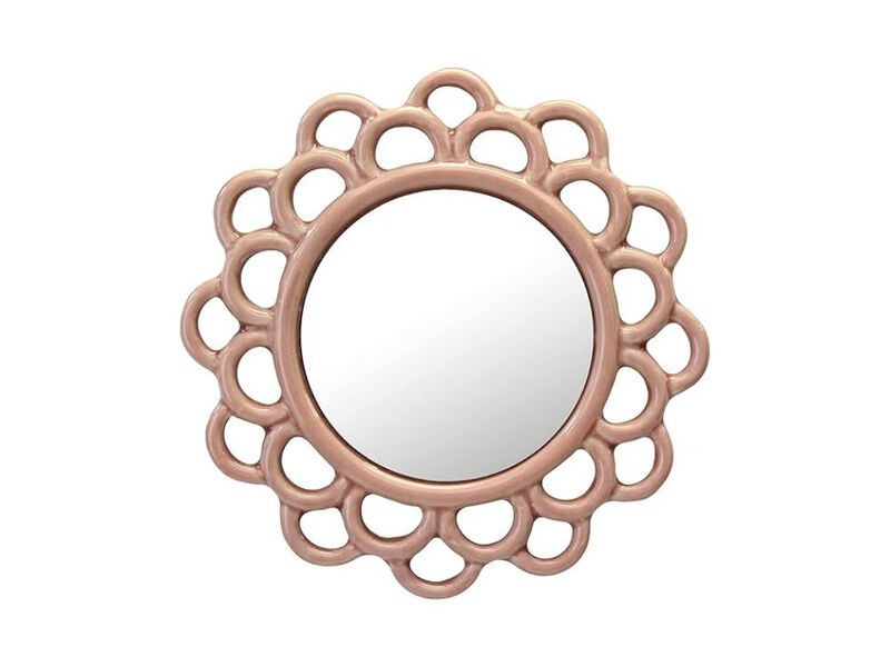 9" Round Pink Ceramic Wall Mirror &ndash; Floral Cutout Accent with Hanging Loop