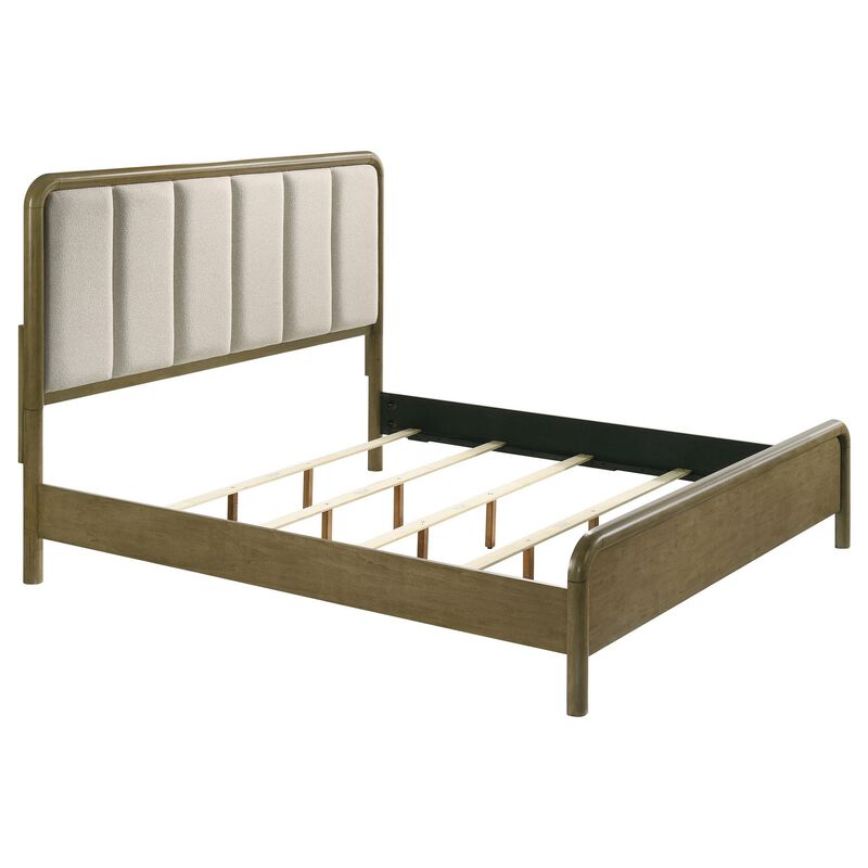 Deon Queen Bed, Vertical Channel Tufted Beige Boucle Upholstery, Brown