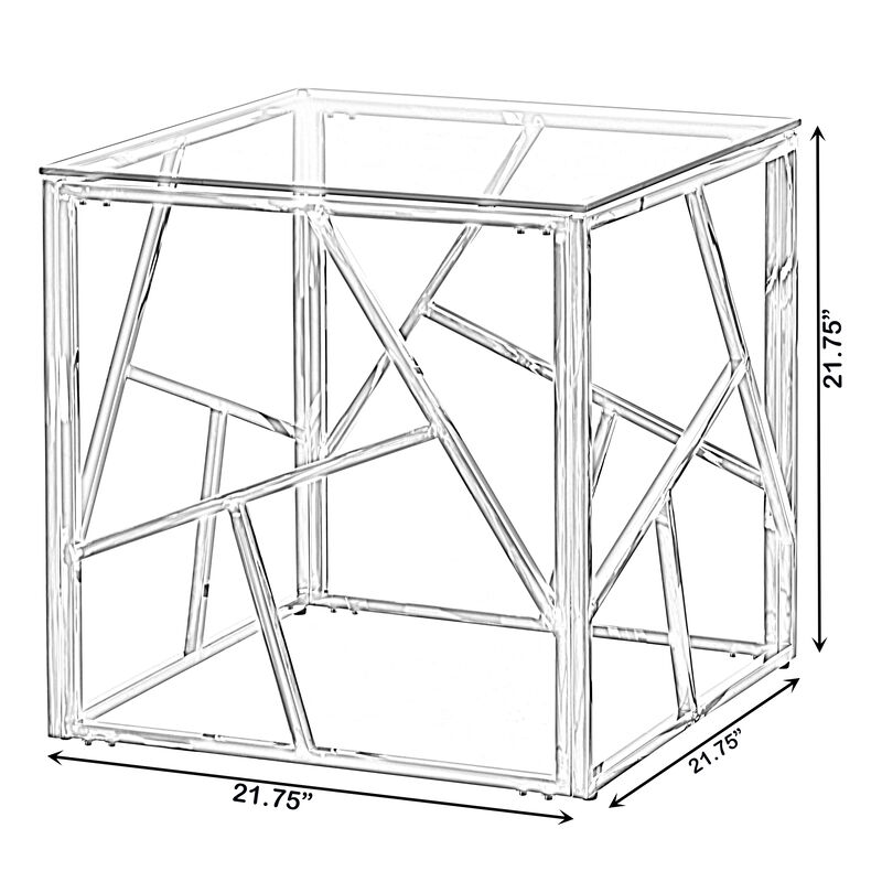 Modern Square End Side Table, Tempered Glass Top Metal Coffee Table, Silver