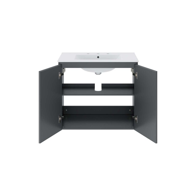 Modway Bryn 30" Modern Wood/Ceramic Wall-Mount Bathroom Vanity in Gray/White image number 3