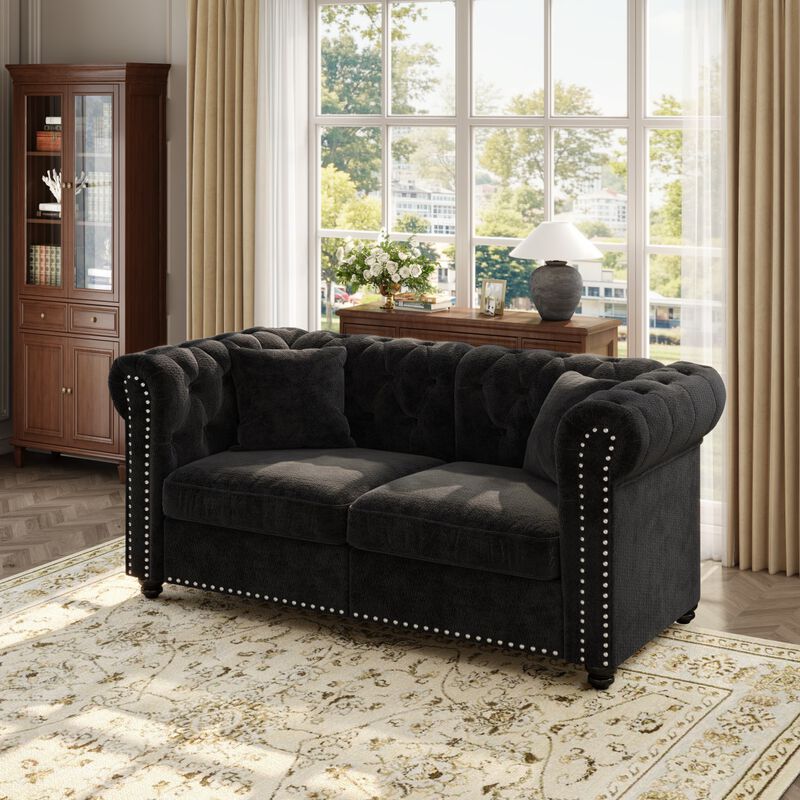 1 piece Chesterfield Sofa tufted design and nailhead trim deep seat comfort sectional sofa, sectional sofa rolled arms home or office, chenille sectional sofa plush cushion image number 3