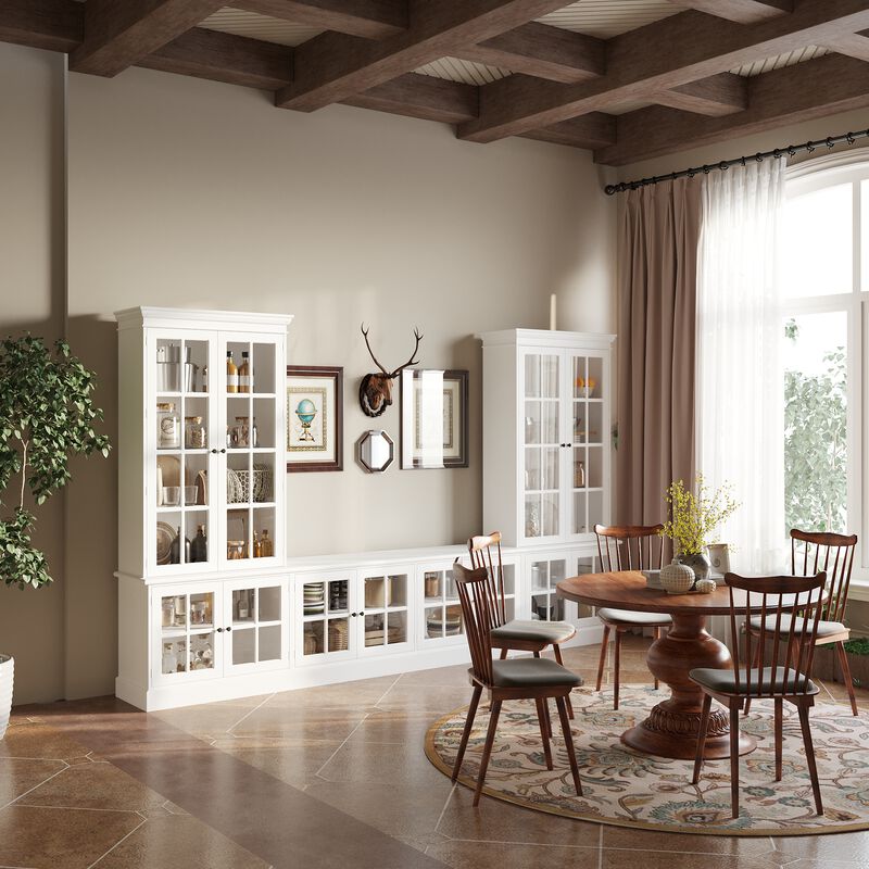 FUFU&GAGA Modern Glass-Door TV Cabinet with Vintage Metal Handles, Tempered Glass Display, and Solid Wood Feet, Water-Based Paint Finish, (125.2 in. W x 15.7 in. D x 76 in. H), White