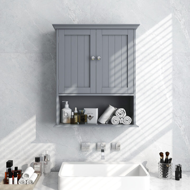 Wall Hanging Bathroom Cabinet with Enclosed Storage and Open Shelves