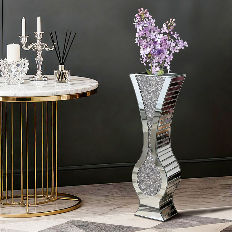 27" Tall Crystal Diamond Mirrored Floor Vase Modern Glass Decor Dry Flowers Only image number 1
