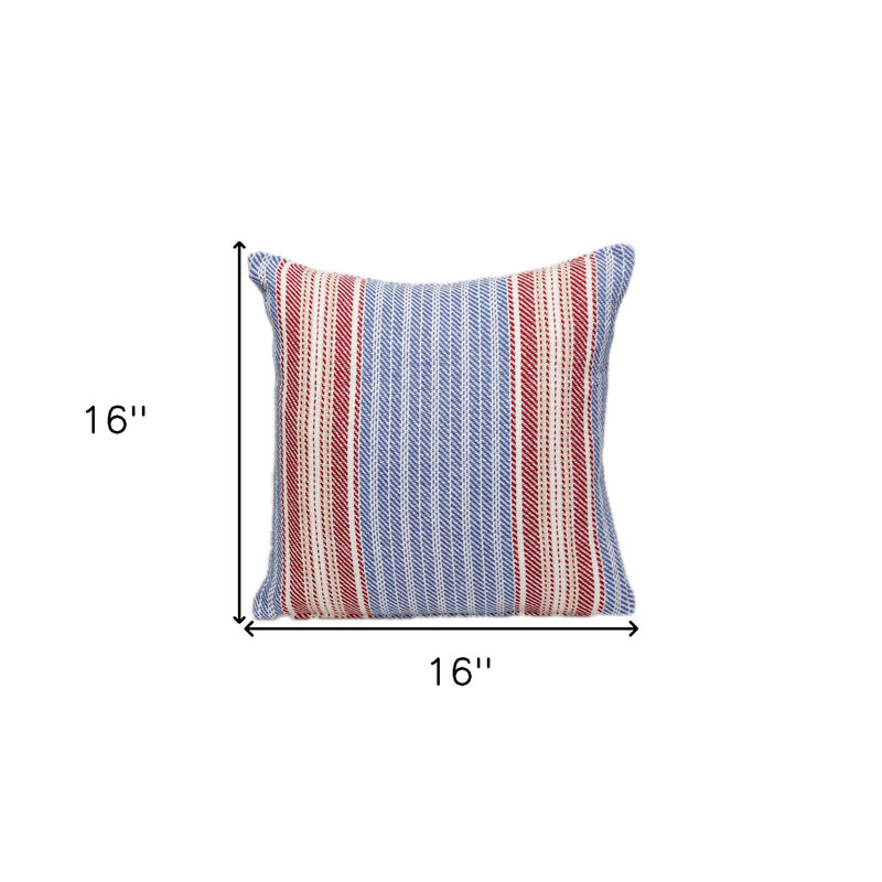 HomeRoots 16" Blue and Red Striped Cotton Throw Pillow image number 4