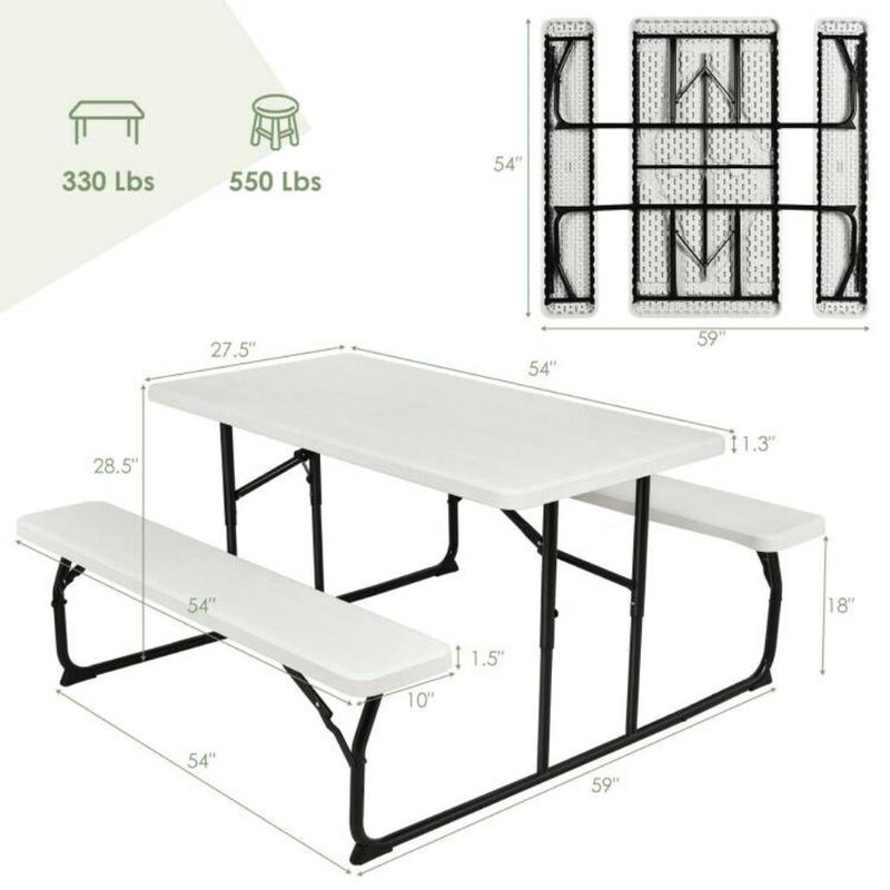 Hivvago Folding White HDPE Picnic Table with 2 Benches Outdoor Patio Furniture Set