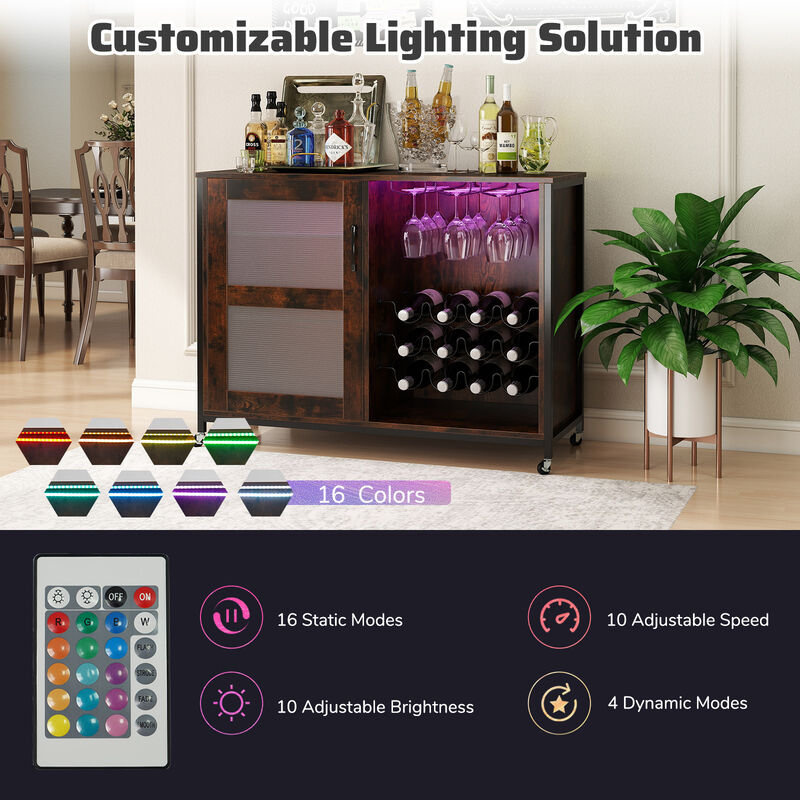 Wine Storage Bar Cabinet with LED Light and Adjustable Shelves-Rustic Brown image number 4