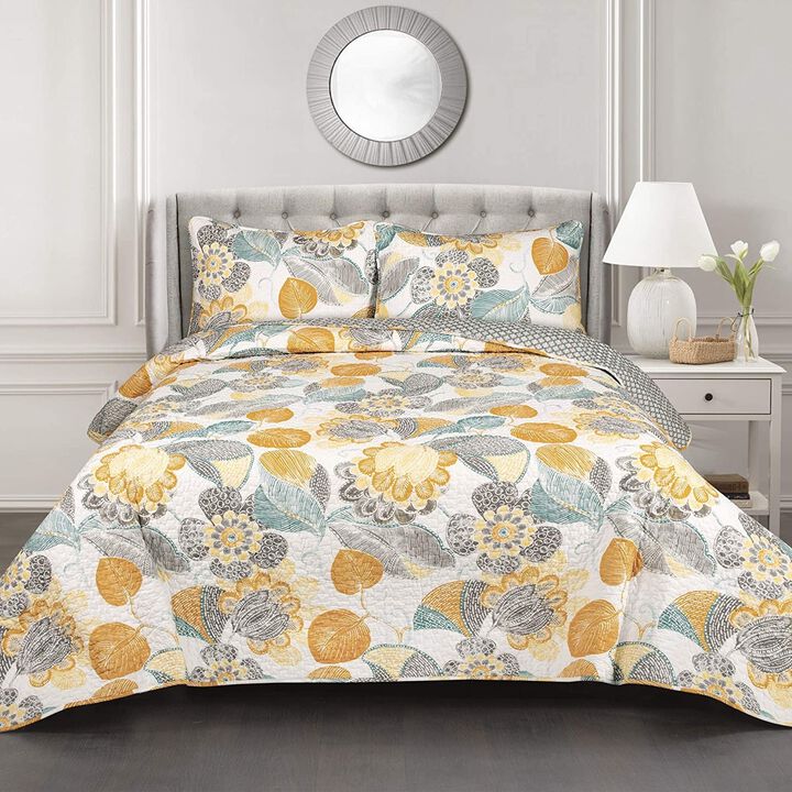 QuikFurn Full/Queen 3 Piece Reversible Yellow Grey Teal Floral Leaves Cotton Quilt Set