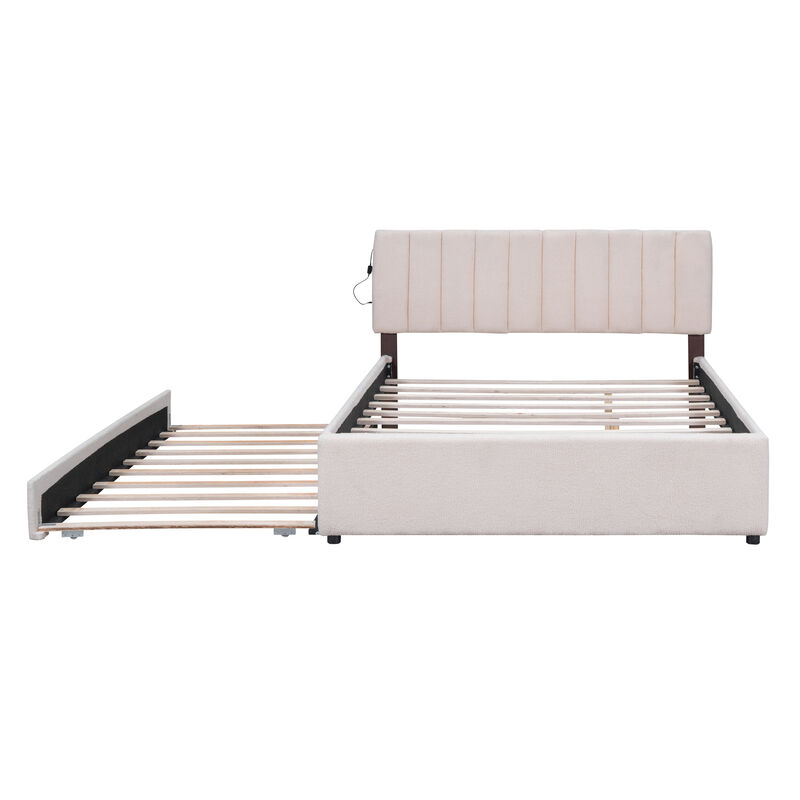 Merax Teddy Fleece Upholstered Platform Bed with Trundle