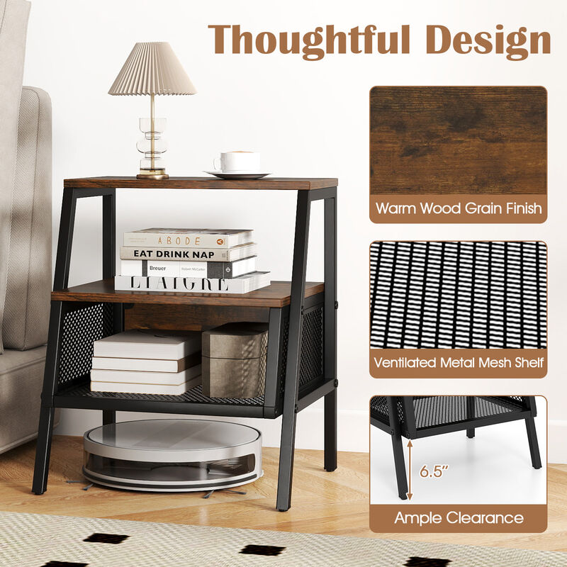 3-Tier End Table with 2 Open Shelves and Metal Mesh Compartment image number 3