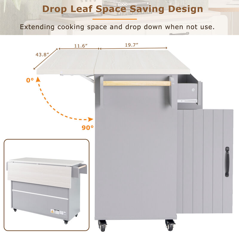 Whisen Modern Kitchen Island with Trash Can, Drop Leaf, Drawers and Adjustable Shelf - Walnut Brown