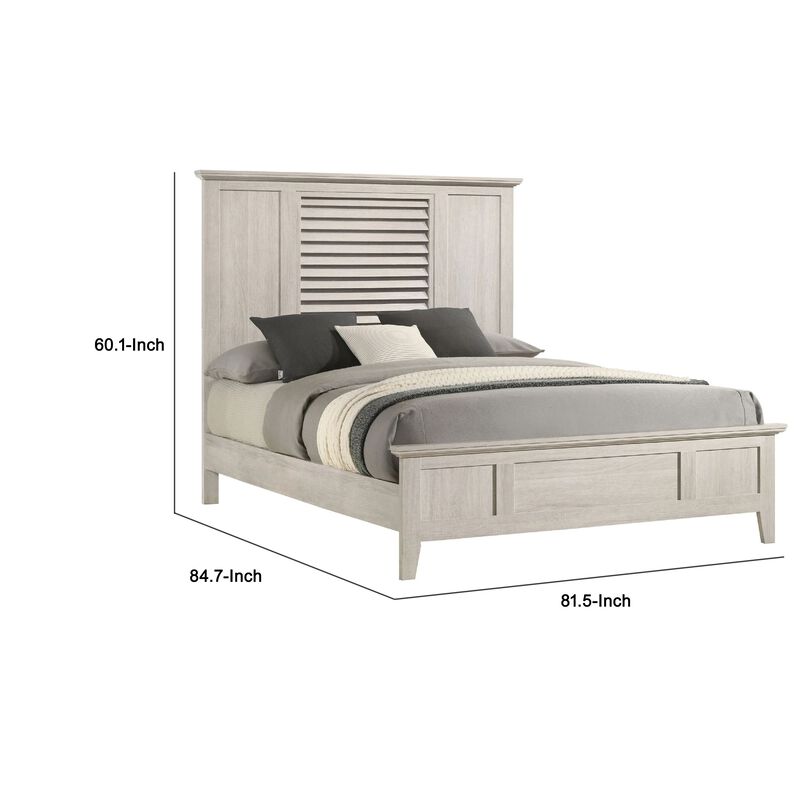Sary King Size Bed w Tall Louvered Headboard, Tapered Front Legs, Off White